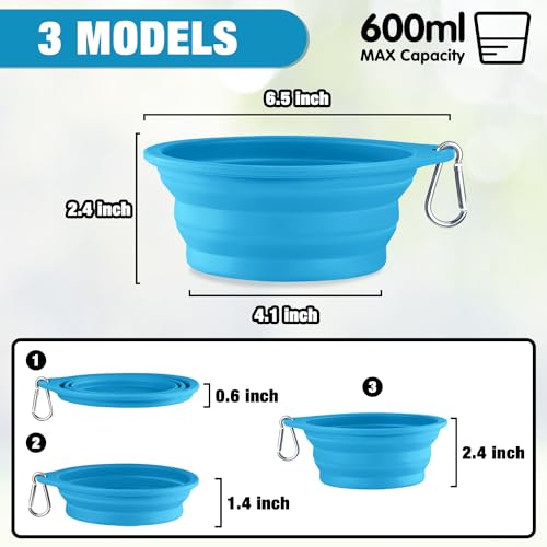 Rest-Eazzzy 2-Pack Silicone Collapsible Dog Bowls, BPA Free Dishwasher Safe, Portable Foldable Travel Bowl, Food Water Feeding Cup Dish for Dogs Cats with 2 Carabiners (Grey, Blue, 600 ML) - color: Grey, Blue
