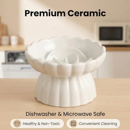 Ceramic Cat Slow Feeder, Raised Slow Feeder Cat Bowl, Anti Vomiting and Whisker Friendly Kitty Dish, Elevated Puppy Kitten Food Bowl for Dry and Wet Food (White) - color: White