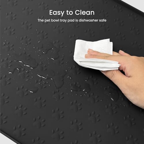 PWTAA Dog Food Mat Anti-Slip Silicone Dog Bowl Mat Thicker Pet Placemat Waterproof Cat Feeder Pad with Raised Edge Puppy Kitten Feeding Mats Suitable Small Medium-Sized Dogs Cats Eating Tray - color: Black, size: 19.4" x 9.8"