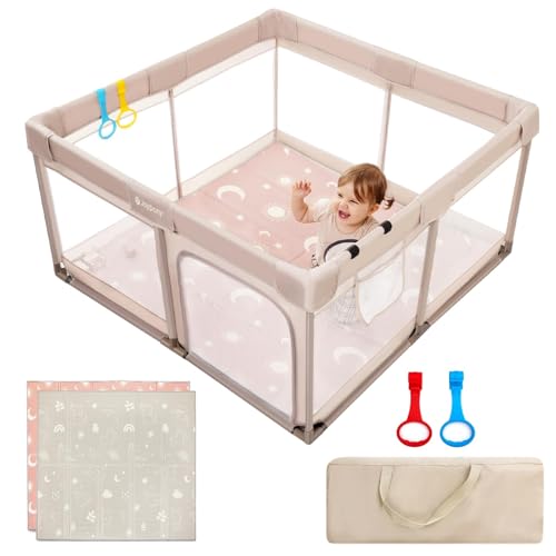 Joypony Baby Playpen with Mat, 50x50 in Small Play Pen for Babies, Toddler Playpen for Apartment, Indoors Play Yard with Soft Breathable Mesh (Beige with Mat) - color: Beige with Mat
