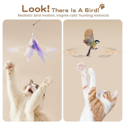Pawaboo Feather Teaser Cat Toy, Interactive Feather Wands Cats Toy Flying Feathers Cat Catcher with Extra Long 34.5" Wand and Small Bell, Exerciser Playing Toys, 1 Wand + 6 Feathers, Colorful - color: Z-Colorful