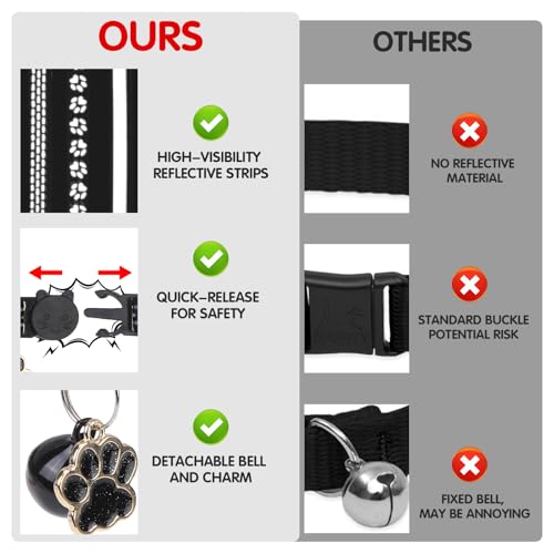 BINGPET Reflective Cat Collar Breakaway with Bells,3 Pack Kitten Collar for Girl Boy Cats with Cute Pendant Glow in The Dark,Adjustable 8''-11.8'',Black - color: Reflective(Black)-3pcs