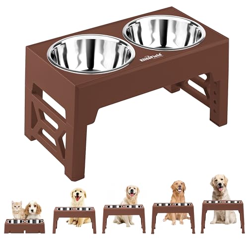 EliteField Elevated Dog Bowls (2-Year Warranty), Two 58 oz Stainless Steel Food Bowls, 5 Adjustable Raised Heights (4", 9.5", 10.5", 11.5", 12.75") Suitable for Dogs of All Ages, Small to Large Sizes - color: Brown, size: 2 Stainless Steel Bowls