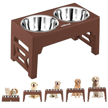 EliteField Elevated Dog Bowls (2-Year Warranty), Two 58 oz Stainless Steel Food Bowls, 5 Adjustable Raised Heights (4", 9.5", 10.5", 11.5", 12.75") Suitable for Dogs of All Ages, Small to Large Sizes - color: Brown, size: 2 Stainless Steel Bowls