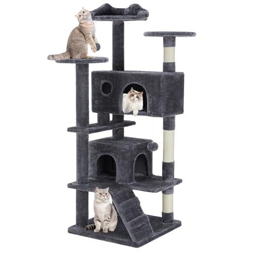 Cat Tree 54 Inch, Multi-Level Cat Tower with Condo, Perches, Sisal Scratching Posts and Climbing Ladder, Pet Play Toy Balls House for Indoor Cats, Dark Grey - color: Dark Grey, size: 54IN