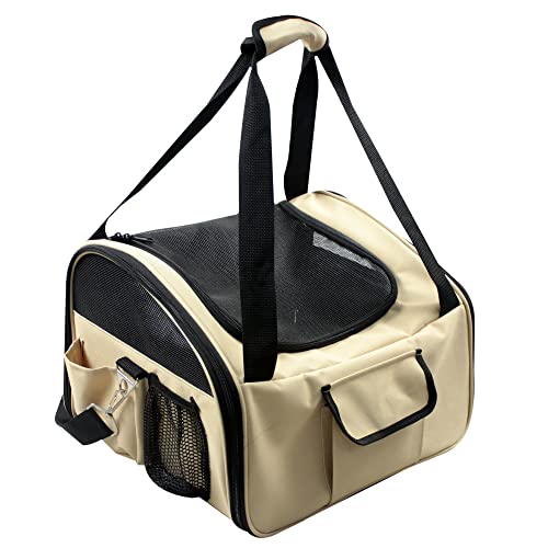 Pet Life ® 'Ultra-Lock' Collapsible Safety Travel Wire Folding Pet Carseat or Dog Car Seat Carrier with Side Pockets - color: Khaki