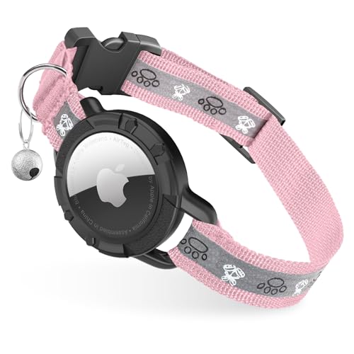 Reflective AirTag Cat Collar, Integrated Cat Tracker Collar with Air Tag Holder and Bell, Safety Elastic Band Cat GPS Collars for Girl Boy Cats, Kittens and Puppies (Pink, XS) - color: Pink, size: XS(7"-9")