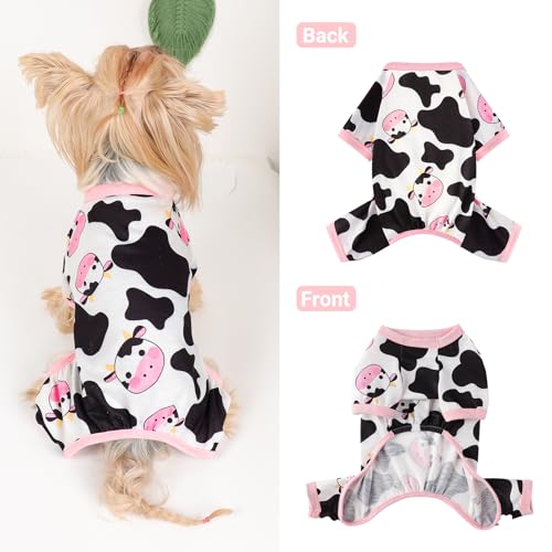 Dog Pajamas Small Sized Dogs Stretchable Summer Dog Clothes Pjs 4 Legs Girl Boy Cute Soft Puppy Outfits Doggie Cat Jammies Jumpsuit Sleeper for Pet, Pink Cow, L - color: Pink Cow, size: Large (Chest 17in )