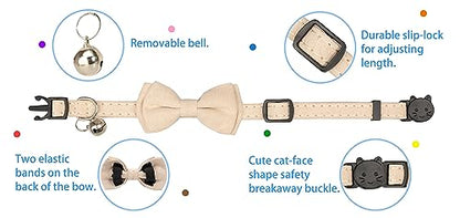 Cat Collar with Bow Tie Bell Breakaway Kitten Small Pet Safety Solid Wedding Basic Pure Color Suede Soft Adjustable [1pc] Cream - color: [1pc] Cream