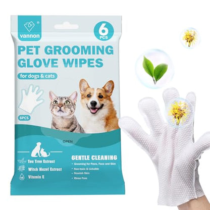 Vannon Extra Thick Pet Bathing Wipes for Dogs & Cats, Cleaning & Odor-Controlling Grooming Gloves, Nourish Fur Glove Wipes for Daily Care and Traveling, Rinse Free, Unscented, 6 PCS - size: 1pack