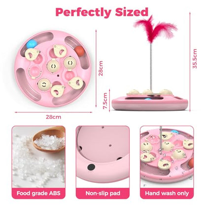3 in 1 Cat Treat Puzzle Feeder, Level 3 Interactive Cat Puzzle Toy with Track Balls, Feather Teaser & Slow Feeder Insert, Non-Slip Base, Mental Stimulation for Bored Indoor Cats, Pink - color: Pink
