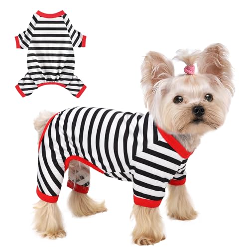Dog Pajamas, Stretchy Puppy Jammies Onesie, Comfy Doggie Striped Pjs, Lightweight Soft Puppy Outfit, Dogs Clothes for Small Size Girl Boy(White,XS) - color: Black, size: X-Small (Chest 12.2 in)