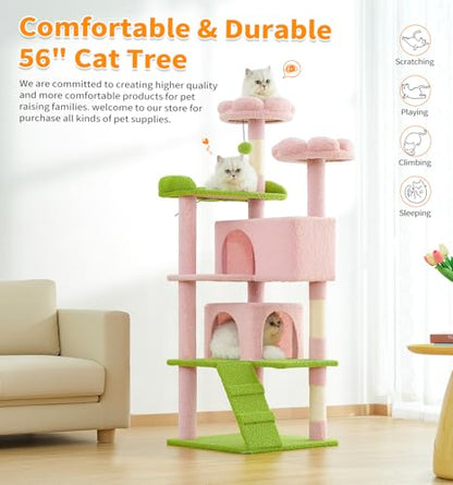 Made4Pets Cat Tree Tower 56" Cat Tower for Indoor Cats Kitten Tree Multi-Level Cat Tree with 2 Condo Furniture Activity Center with Scratching Posts Funny Toys (Pink Flower Green) - color: Pink Flower Green