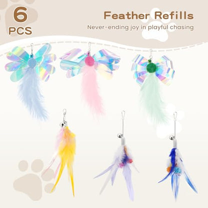 Pawaboo Feather Teaser Cat Toy, Interactive Feather Wands Cats Toy Flying Feathers Cat Catcher with Extra Long 34.5" Wand and Small Bell, Exerciser Playing Toys, 1 Wand + 6 Feathers, Colorful - color: Z-Colorful
