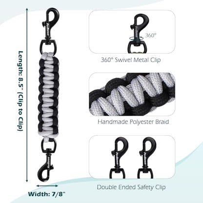 Dog Collar Safety Clip, Handmade Backup Safety Strap for Dog Harness, Prong, Pinch Collar, Double Ended Clasp Leash Connector (Black, Grey) - color: Black, Grey