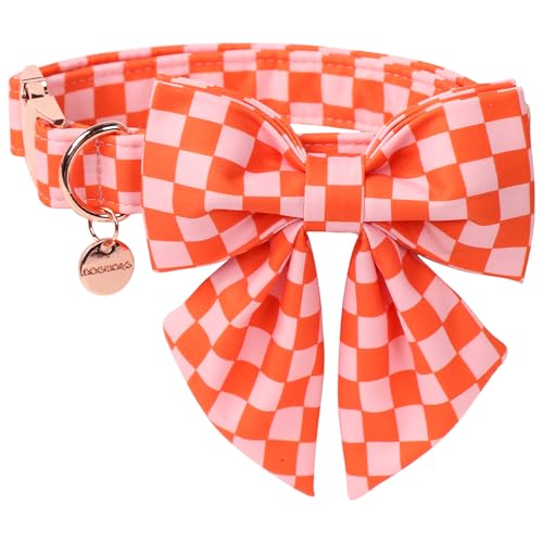 DOGWONG Orange Pink Plaid Dog Collar with Bow - Adjustable and Comfortable Autumn Dog Collar Fall Necklace for Large Medium Small Pet,S - color: B:Orange Plaid, size: S