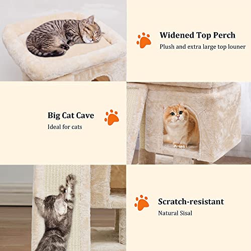 SYANDLVY Small Cat Tree for Indoor Large Cats, Kittens Condo with Scratching Post and Board, Modern Activity Tower with Cave (Beige) - color: Beige
