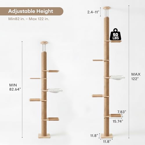 Floor to Ceiling Cat Tree, 5 Tier Adjustable Height (6-10.1 ft) Climbing Tower with Sisal Scratching Posts, Cats Activity with Cozy Hammock for Indoor Cats (Floor to Ceiling) - size: Floor to Ceiling