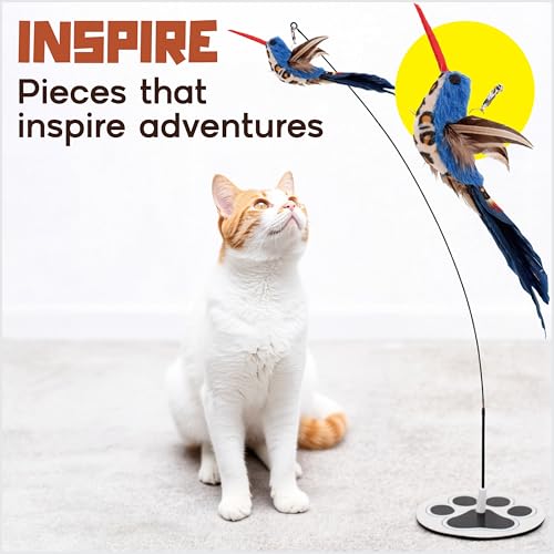 Interactive Cat Toys for Indoor Cats - 5 Replacement Feathers with Bells - Teaser Wand Toy - Self Play Bird Simulation - Bored Adult Feline Hunting Solo Chaser Activity - Kitten Juguetes para Gatos - color: Pounce & Play Bundle