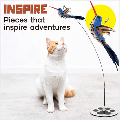 Interactive Cat Toys for Indoor Cats - 5 Replacement Feathers with Bells - Teaser Wand Toy - Self Play Bird Simulation - Bored Adult Feline Hunting Solo Chaser Activity - Kitten Juguetes para Gatos - color: Pounce & Play Bundle