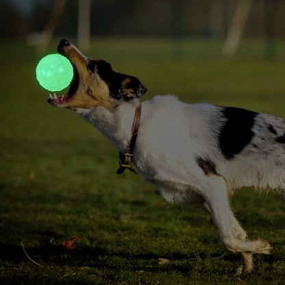 LECHONG 4-Pack 3.5” Glow Squeaky Dog Balls,Bouncy Glow in The Dark Dog Ball with Squeaker, Durable Dog Rubber Ball Toys Glowing Fetch Balls for Medium Large Dogs Nighttime Playing Indoors & Outdoors - size: 3.5in Large