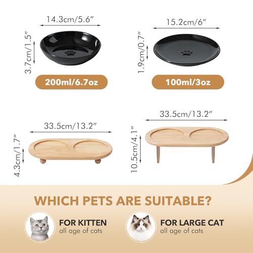 Havniva Cat Bowls Elevated 5.6” Ceramic Cat Bowl with Stand Whisker Friendly Cat Dishes, Cat Food & Water Bowl Set with Two Heights Options, Raised Cat Food Plates for Kitten Anti-Slip Pet Bowls - color: 2 Bowls+2 Shallow Dishes+Stand- Black