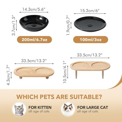 Havniva Cat Bowls Elevated 5.6” Ceramic Cat Bowl with Stand Whisker Friendly Cat Dishes, Cat Food & Water Bowl Set with Two Heights Options, Raised Cat Food Plates for Kitten Anti-Slip Pet Bowls - color: 2 Bowls+2 Shallow Dishes+Stand- Black