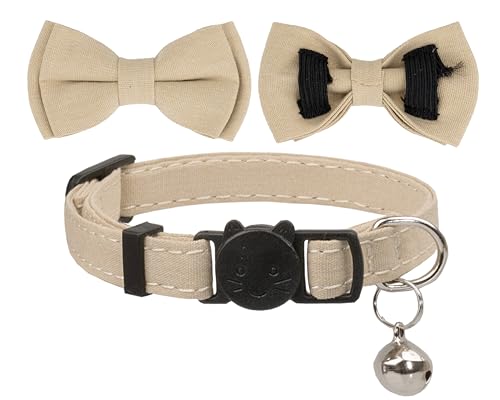 Cat Collar Breakaway Bowtie Safety with Bell Adjustbale Kitten Puppy Solid Plaid Color Set D-[2pcs] Beige - color: D-[2pcs] Beige