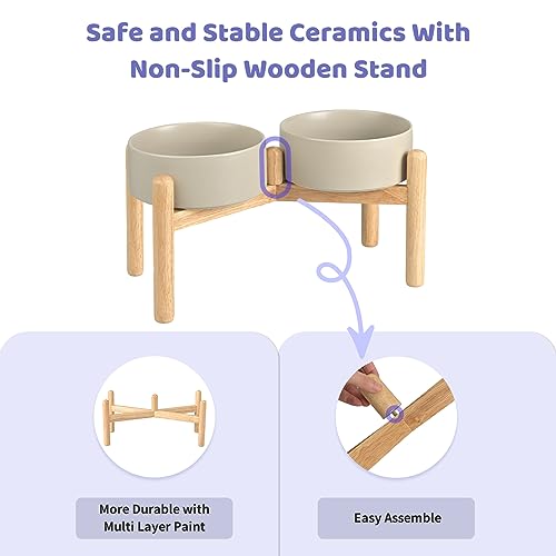 SPUNKYJUNKY Ceramics Raised Bowls with Wooden Stand - Elevated Dog Food and Water Bowl (Double 28.7OZ, Grey) - color: Grey (Double Bowls Set), size: Medium - 3.6 CUPS
