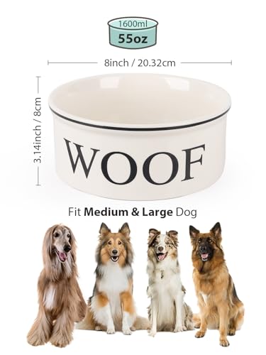 Ceramic Dog Bowl with Bone Pattern - 8" Extra Large Food Water Bowl for Medium and Large Dogs, Weighted, Microwave & Dishwasher Safe, 55 oz (Beige) - color: Off-white