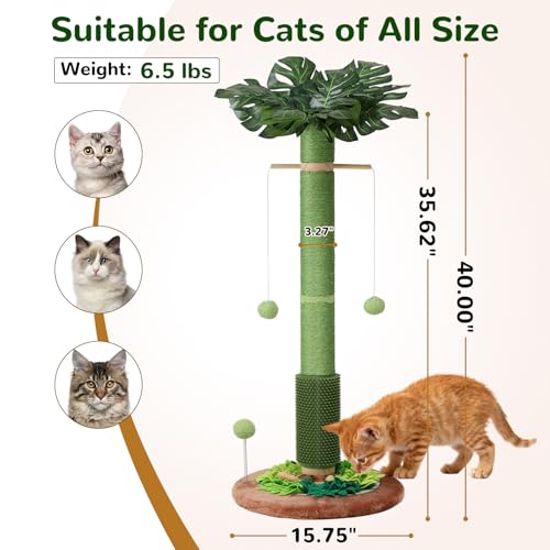 Cat Scratching Post, 40" Tall Palm Tree Scratch Post for Cats, Sisal Scratching Posts for Indoor Cats Adults with Hanging Cat Toys, Self-Grooming Brush, Snuffle Mat and Interactive Wooden Ball Track - size: 40" Tall