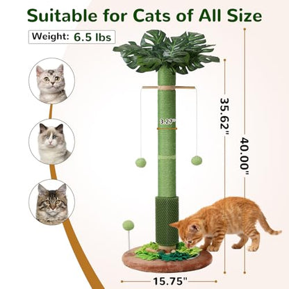 Cat Scratching Post, 40" Tall Palm Tree Scratch Post for Cats, Sisal Scratching Posts for Indoor Cats Adults with Hanging Cat Toys, Self-Grooming Brush, Snuffle Mat and Interactive Wooden Ball Track - size: 40" Tall