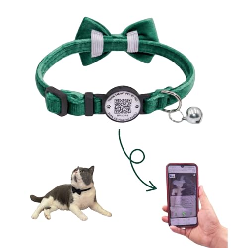 THAIN Personalized Cat Collar with Bell and Bowtie Breakaway QR Code Name Smart ID tag Quick Release Soft Comfortable Collar for Cats and Kittens (Green) - color: Green