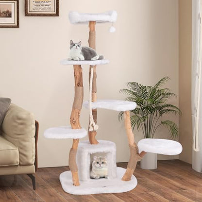 Tangkula Solid Wood Cat Tree, Modern Wooden Cat Tower with Jute Scratching Posts, Perch, Condo, Sisal Rope, Dangling Ball, Soft Long Plush, 66 Inch Tall Cat Tree Tower for Indoor Cats Large Adult - style: Round Condo