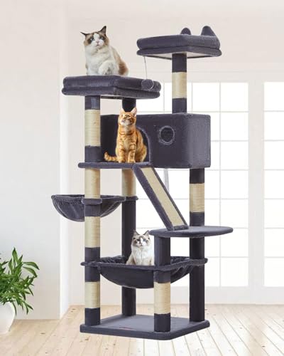 Taoqimiao Cat Tree 57.5-Inch, Cat Tower for Indoor Cats Large Adult, Extra Large Cat Condo, 8 Sisal Scratching Posts, Metal Frame Cozy Hammock, Durable Scratch Board, 2 Top Perches, Smoky Gray MS026G - color: Smoky Gray, size: 57.5 Inches