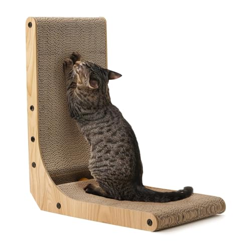 FUKUMARU Cat Scratcher, 18.7 Inch L Shape Cat Scratch Pad Wall Mounted, Cat Scratching Cardboard with Ball Toy for Indoor Cats - size: 1 Pack 18.7 in Wood Color