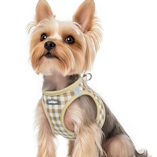 rabbitgoo Small Dog Harness, Step-in Soft Mesh Puppy Vest with Safety Buckle, Breathable Reflective Pet Harness for Small Sized Dogs, Beige Plaid XS - color: Beige Plaid, size: Xs(chest:13.3"-15.5")