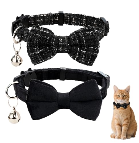 Cat Collar with Bow Tie 2pcs Set Bell Boy Girl Kitten Safety Plaid Grid Checkered Solid Color Suede Velvet Cute Soft Fluffy Gift B-[2pcs] Black - color: Style B-[2pcs] Black