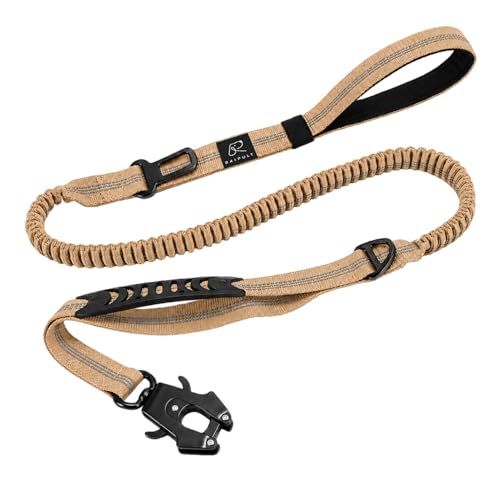 Raipult Tactical Dog Leash Heavy Duty, 4-6FT Shock Absorbing Bungee Leash with Quick Release Clip& 2 Handles, No Pull Waking Lead with Car Seatbelt for Medium Large Dogs that Pull,Khaki - color: Coyote Tan
