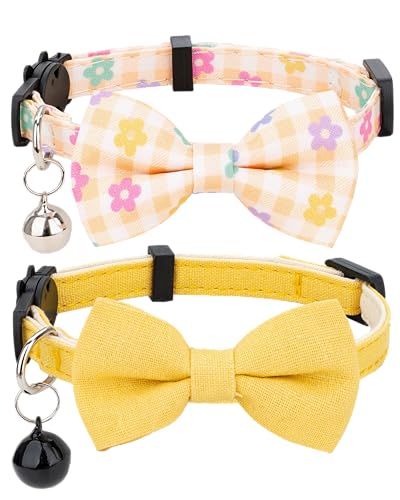Cat Collar with Bow Tie Bell Breakaway Bowtie 2pcs Set Spring Plaid Flower Floral Solid Boy Girl Cute Kitten Safety B [Plaid & Solid] Yellow - color: B [Plaid & Solid] Yellow