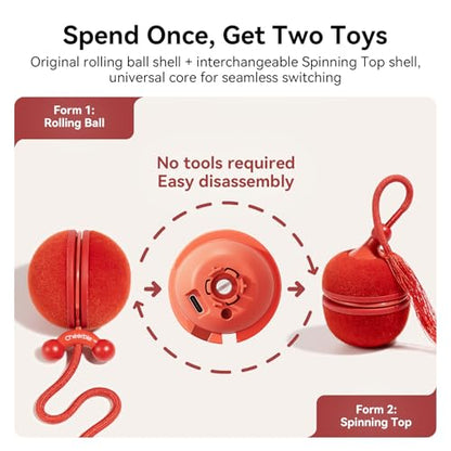 Cheerble 2 in 1 Interactive Cat Toys for Indoor Cats - Wicked Ball Duo2 Automatic Cat Toy, Dual Interchangeable Shells, Electric Cat Toy Ball with Chirping Sounds, Rechargeable Moving Kitten Toys, Red - color: Red