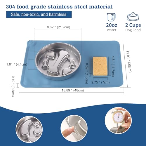 Stainless Steel Slow Feeder Dog Bowls – Non-Slip Metal Dog Bowl for Large & Medium Breeds, Puppy Puzzle Feeder – 2 Cup Capacity for Small to Big Pets – Durable Slow Feed Dog & Cat Food Dish with Mat - color: Bone&Heart With Mat-Blue