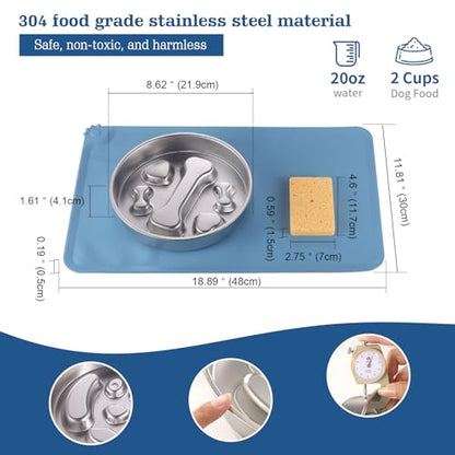 Stainless Steel Slow Feeder Dog Bowls – Non-Slip Metal Dog Bowl for Large & Medium Breeds, Puppy Puzzle Feeder – 2 Cup Capacity for Small to Big Pets – Durable Slow Feed Dog & Cat Food Dish with Mat - color: Bone&Heart With Mat-Blue