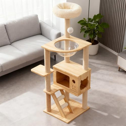 Modern Wooden Cat Tree Tower, 48.8 Inch, with Sisal Scratching Posts, Acrylic Hammock, Condo House and Ladder, for Indoor Cats