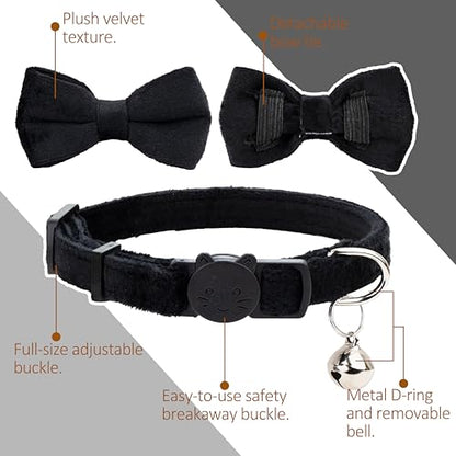 Cat Collar with Bow Tie 2pcs Set Bell Boy Girl Kitten Safety Plaid Grid Checkered Solid Color Suede Velvet Cute Soft Fluffy Gift B-[2pcs] Black - color: Style B-[2pcs] Black