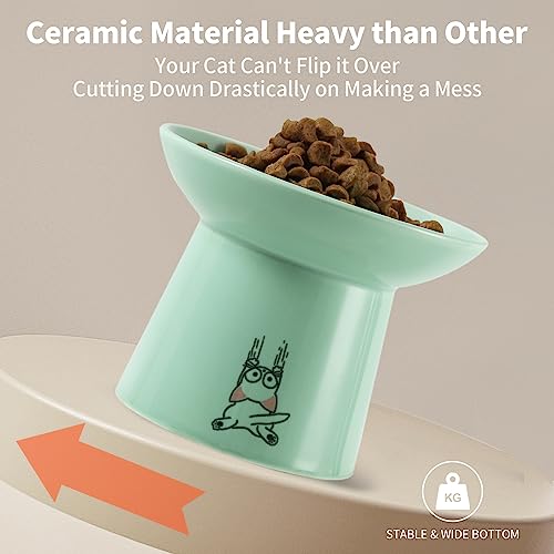 6.5 Inch Extra Wide Raised Cat Bowls, Ceramic Elevated Cat Bowl for Food and Water, Wide Shallow Cat Food Dish, Whisker Fatigue, Protect Spine, Lead & Cadmium Free, White & Green - color: White & Green