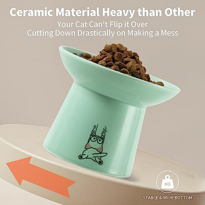 6.5 Inch Extra Wide Raised Cat Bowls, Ceramic Elevated Cat Bowl for Food and Water, Wide Shallow Cat Food Dish, Whisker Fatigue, Protect Spine, Lead & Cadmium Free, White & Green - color: White & Green
