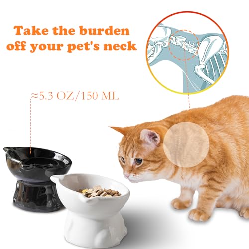 Ceramic Elevated Cats Bowls, 4Pc Extra Wide Raised Cats Bowls, Shallow Whisker Friendly Food & Water Dish, Anti Vomit, Microwave & Dishwasher Safe, 5 oz (Cat Bell 5 X 4.3'')