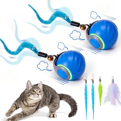 BABORUI 2Pack Blue Interactive Cat Toy Ball - Automatic Interactive Cat Toys for Indoor Cats with 3 Tails, 2 Speeds Rechargeable Enrichment for Small/Medium/Large to Keep Them Busy - color: 2 Pack Blue