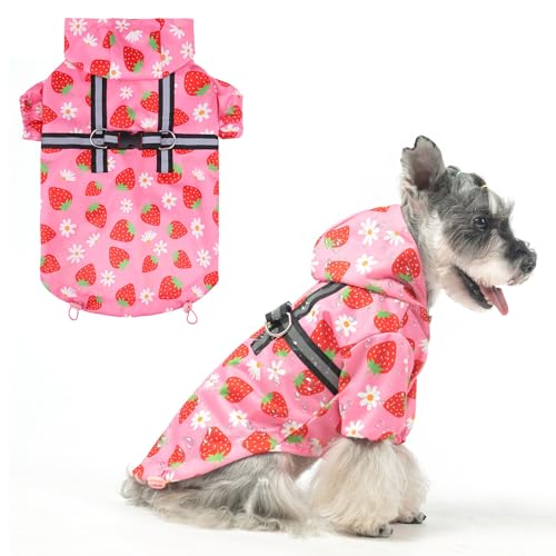 BEAUTYZOO Dog Raincoat Hooded with Harness Built-in for Small Medium Large Dogs Girls Boys, Dog Rain Jacket Slicker Poncho, Waterproof Dog Rain Coat Clothes for Winter Rainy Snowy Days, Pink XS - color: Strawberry Pink, size: XS(Back 10.5", Chest 16.9", N